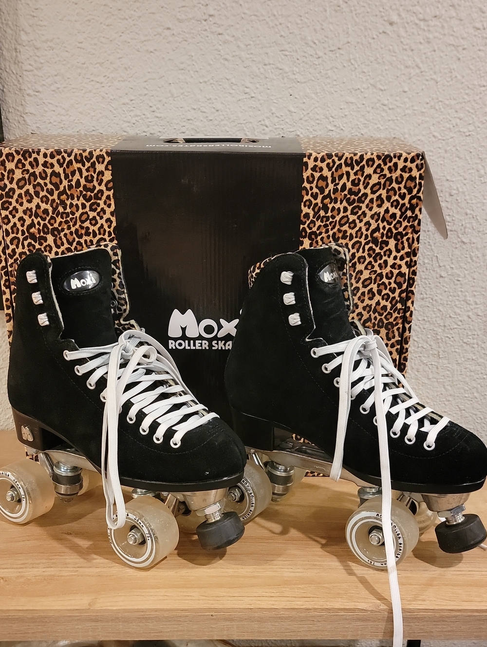 Women’s Moxi Roller Skates - Black Suede With Animal Print